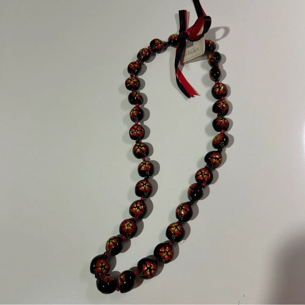 NWT Genuine Kukui Tree Nuts Necklace Handmade Hand Painted Red Yellow Flowers